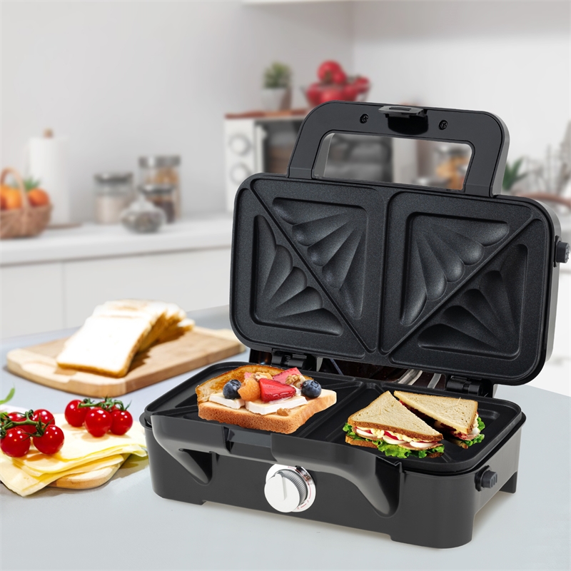 3 in 1 Waffle Iron Panini Press Grill and Sandwich Maker Set with Removable Non-Stick Plates Black Stainless Steel