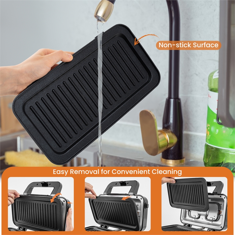 3 in 1 Waffle Iron Panini Press Grill and Sandwich Maker Set with Removable Non-Stick Plates Black Stainless Steel