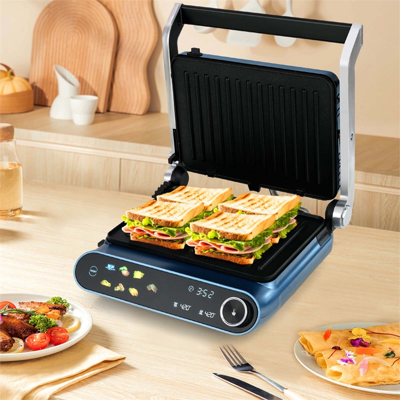 1200W Indoor Panini  Electric Contact Grill with 2 Non-Stick Dishwasher-Safe Plates Black Metal