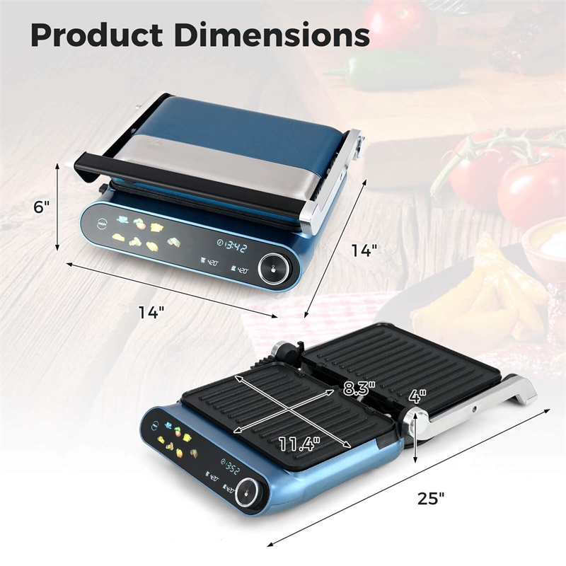 1200W Indoor Panini  Electric Contact Grill with 2 Non-Stick Dishwasher-Safe Plates Black Metal