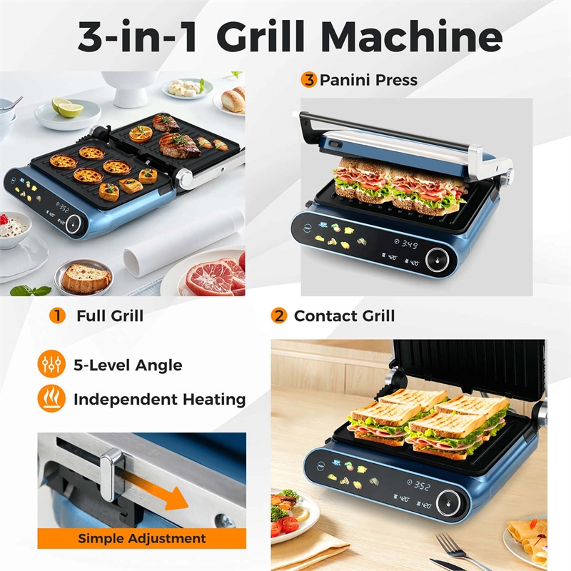 1200W Indoor Panini  Electric Contact Grill with 2 Non-Stick Dishwasher-Safe Plates Black Metal