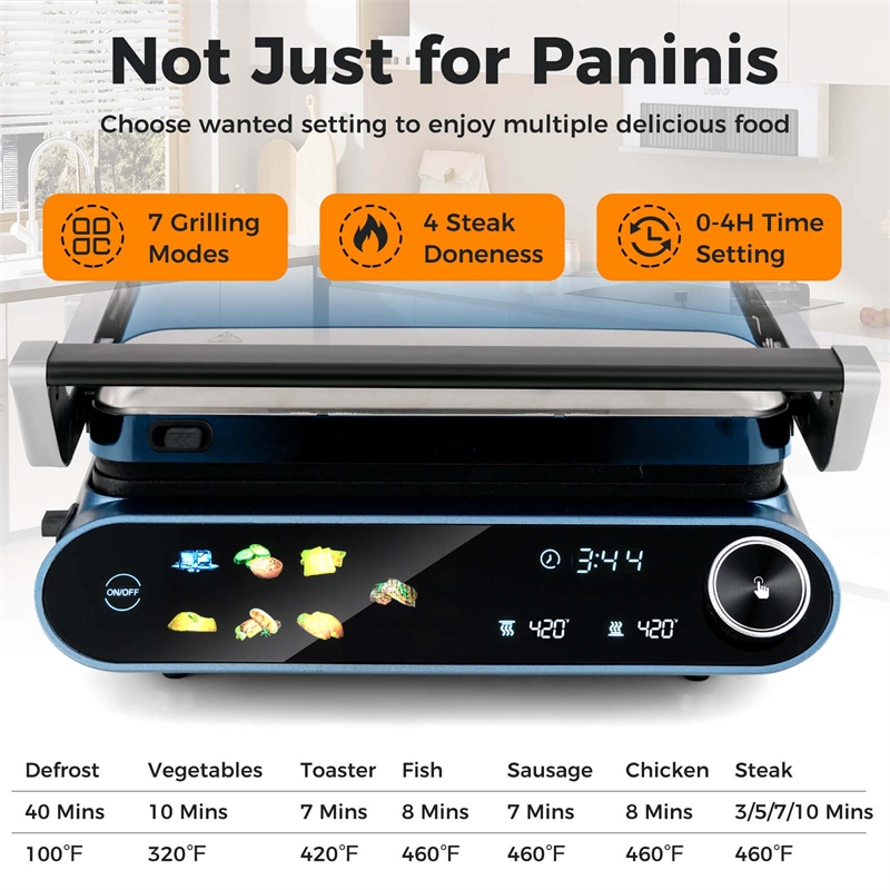 1200W Indoor Panini  Electric Contact Grill with 2 Non-Stick Dishwasher-Safe Plates Black Metal