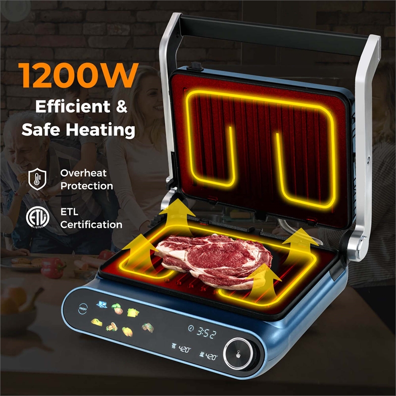 1200W Indoor Panini  Electric Contact Grill with 2 Non-Stick Dishwasher-Safe Plates Black Metal