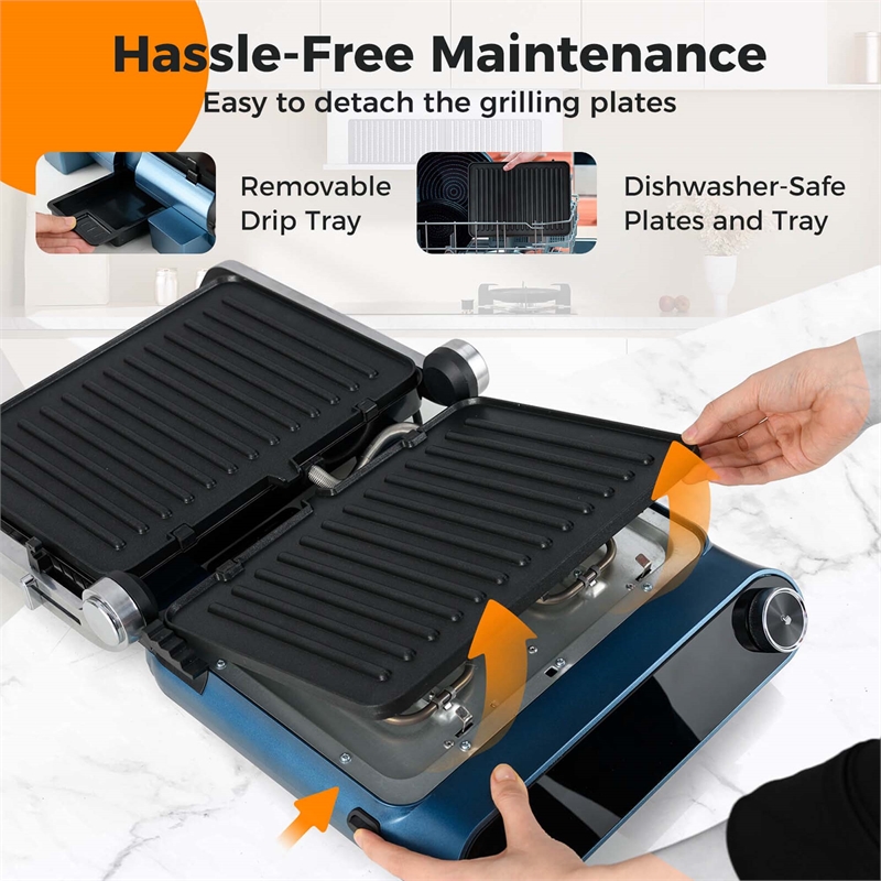1200W Indoor Panini  Electric Contact Grill with 2 Non-Stick Dishwasher-Safe Plates Black Metal