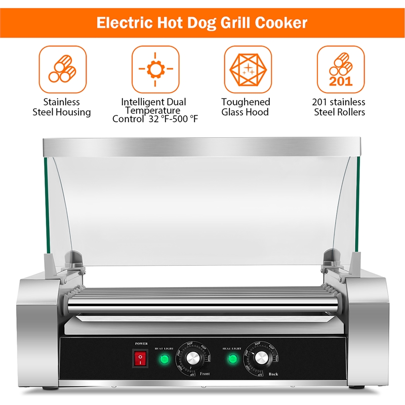18 Hot Dog Hotdog 7 Roller Grill Cooker Machine w/ Cover Silver