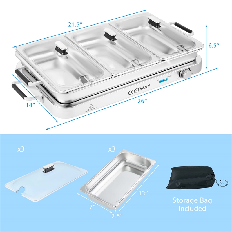 Food Warmer Buffet Server 450W Stainless Steel Electric Warming Tray for Parties Silver Stainless Steel