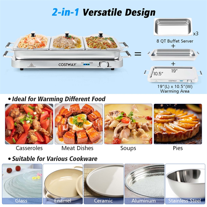 Food Warmer Buffet Server 450W Stainless Steel Electric Warming Tray for Parties Silver Stainless Steel