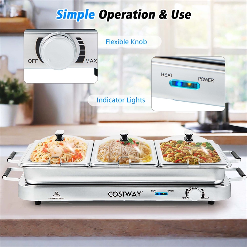 Food Warmer Buffet Server 450W Stainless Steel Electric Warming Tray for Parties Silver Stainless Steel