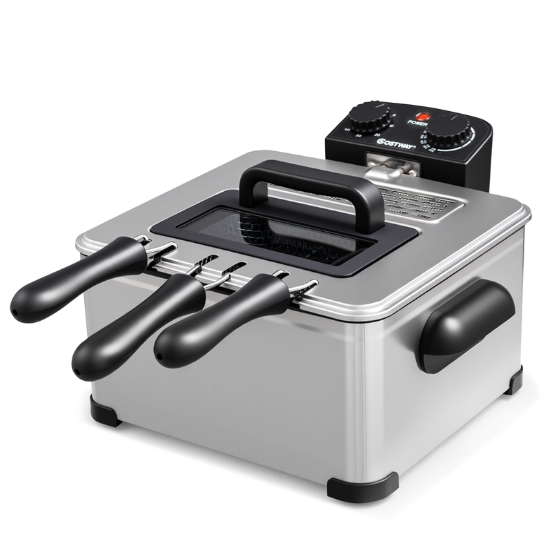 Electric Deep Fryer 5.3 QT/21-Cup Stainless Steel 1700W with Triple Basket Black Metal