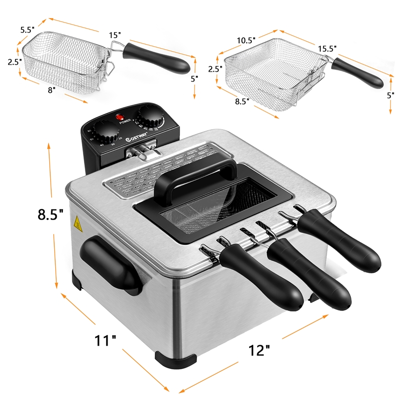 Electric Deep Fryer 5.3 QT/21-Cup Stainless Steel 1700W with Triple Basket Black Metal