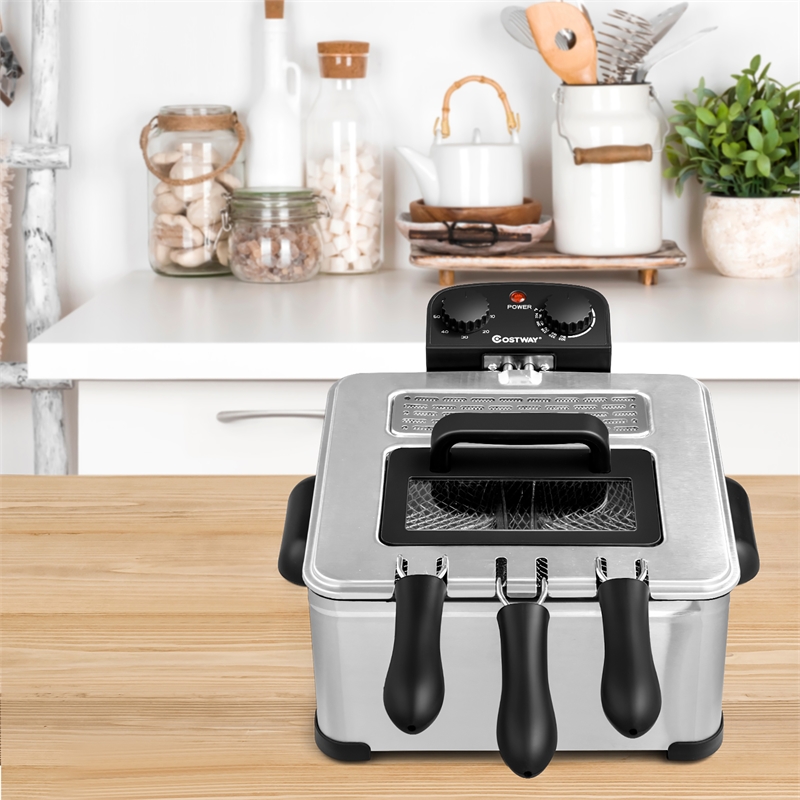 Electric Deep Fryer 5.3 QT/21-Cup Stainless Steel 1700W with Triple Basket Black Metal