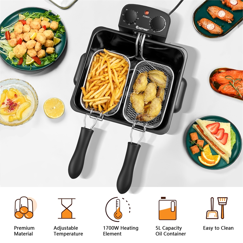 Electric Deep Fryer 5.3 QT/21-Cup Stainless Steel 1700W with Triple Basket Black Metal