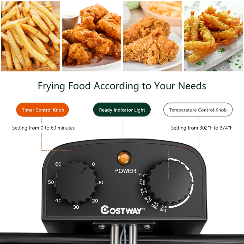 Electric Deep Fryer 5.3 QT/21-Cup Stainless Steel 1700W with Triple Basket Black Metal