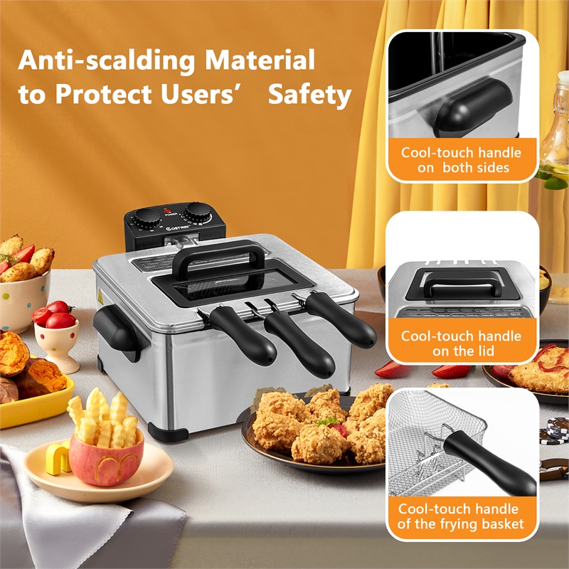 Electric Deep Fryer 5.3 QT/21-Cup Stainless Steel 1700W with Triple Basket Black Metal