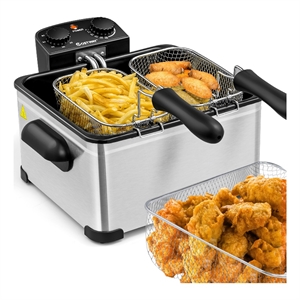 Electric Deep Fryer 5.3 QT/21-Cup Stainless Steel 1700W with Triple Basket Black Metal