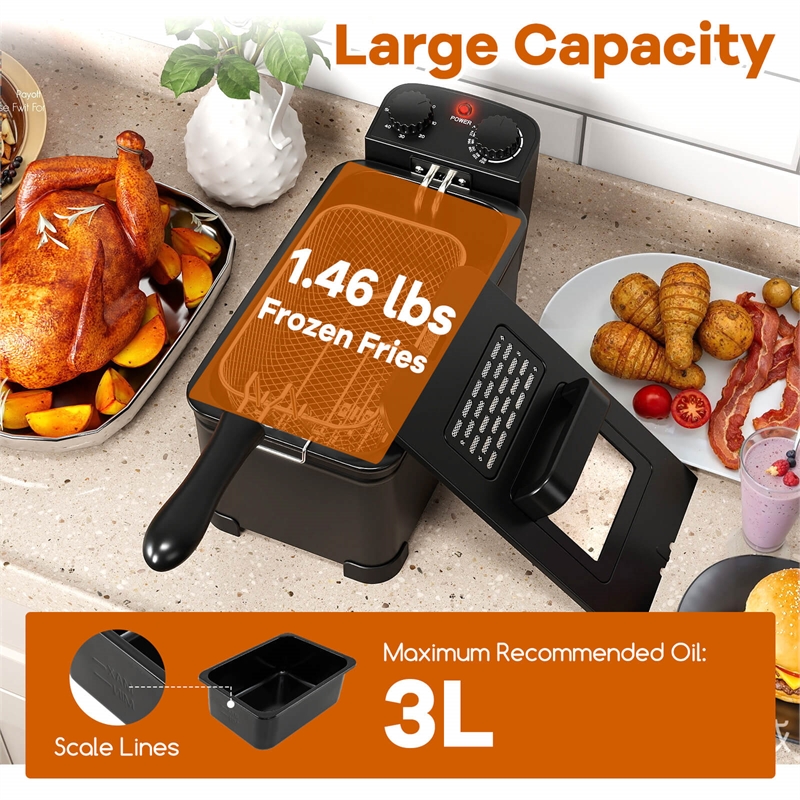 3 Liter Electric Deep Fryer 1700W Oil Fryer with Detachable Frying Basket Black
