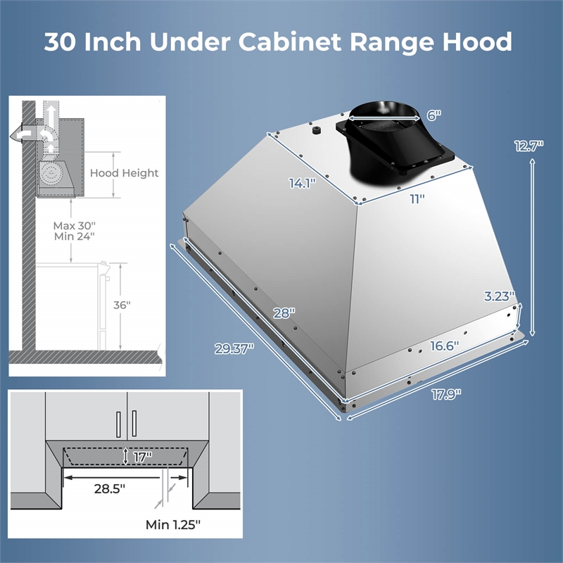 30 Inch Under Cabinet Range Hood with 4 Fan Speeds Touch/Gesture/Remote Control Silver Stainless Steel