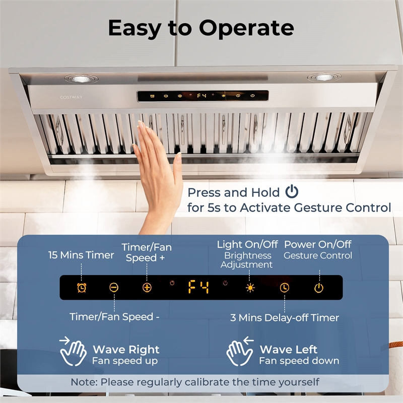 30 Inch Under Cabinet Range Hood with 4 Fan Speeds Touch/Gesture/Remote Control Silver Stainless Steel