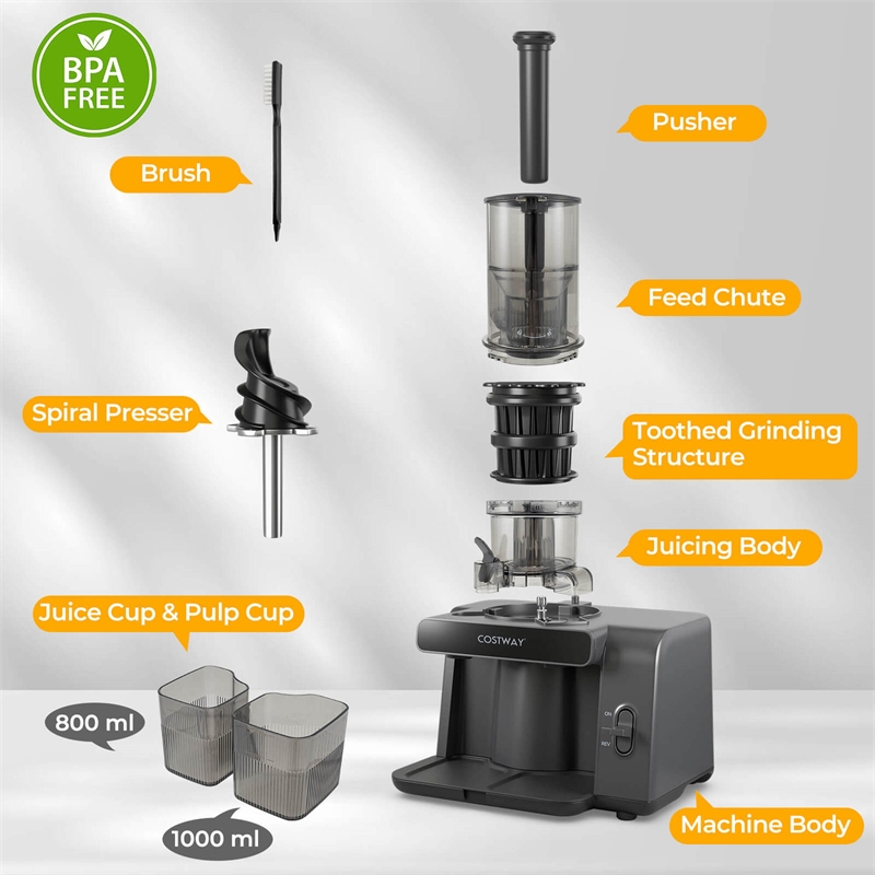 Cold Press Juicer Machine Professional Slow Masticating Juicer with Reverse Button Gray Plastic