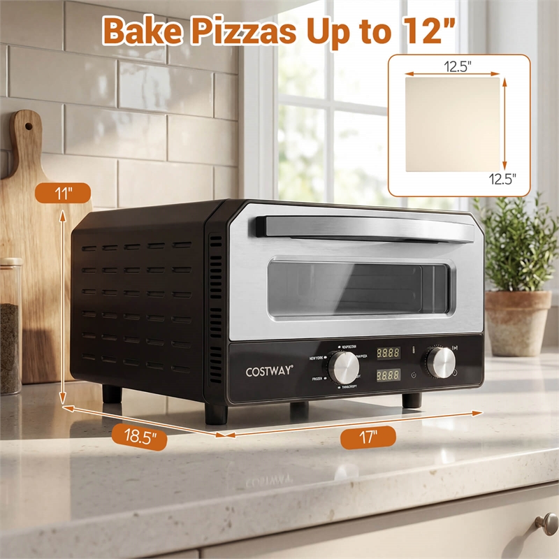 Pizza Oven for 12 inch Pizzas with 6 Presets and 2 Min Rapid Baking Black