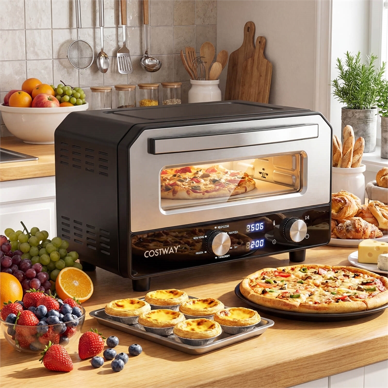 Pizza Oven for 12 inch Pizzas with 6 Presets and 2 Min Rapid Baking Black