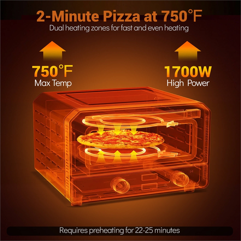 Pizza Oven for 12 inch Pizzas with 6 Presets and 2 Min Rapid Baking Black