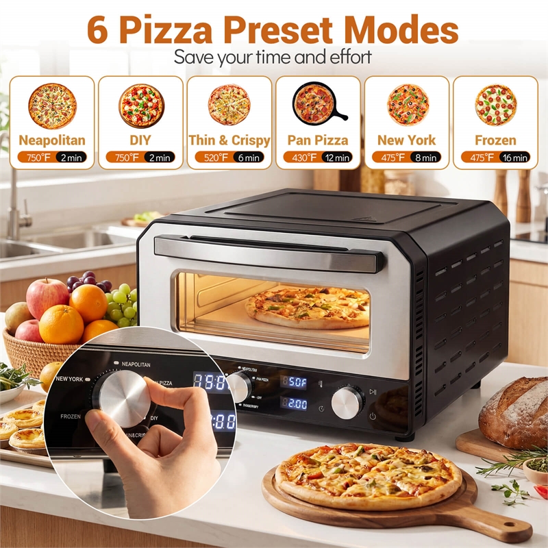 Pizza Oven for 12 inch Pizzas with 6 Presets and 2 Min Rapid Baking Black