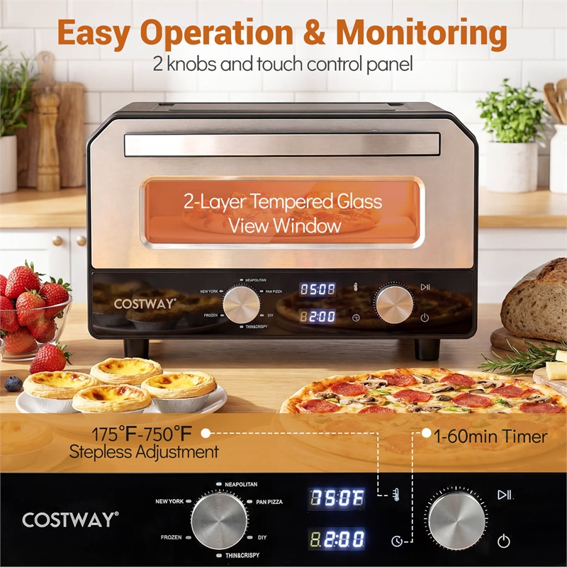 Pizza Oven for 12 inch Pizzas with 6 Presets and 2 Min Rapid Baking Black