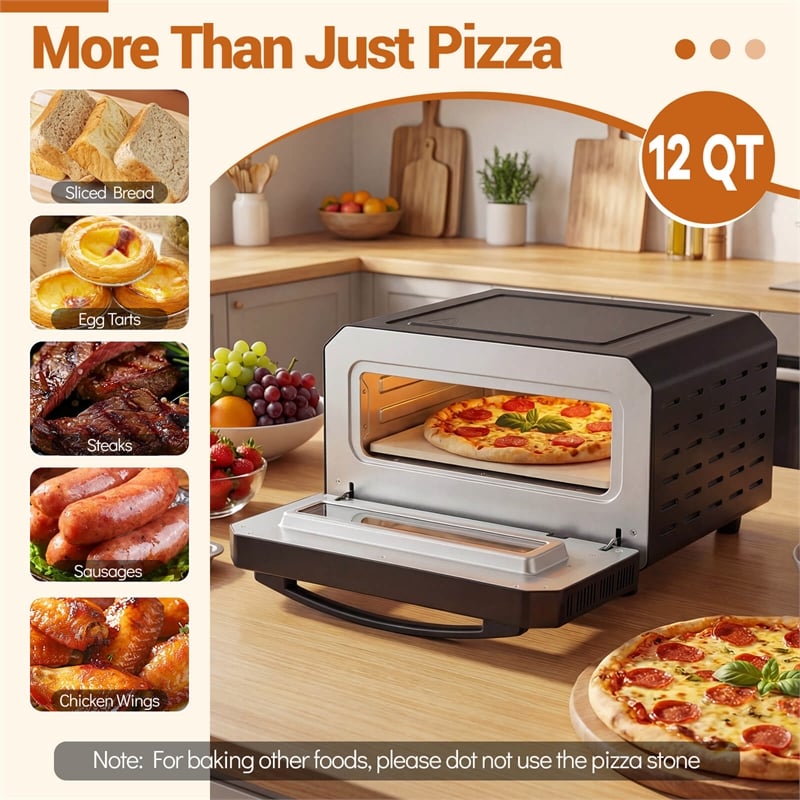 Pizza Oven for 12 inch Pizzas with 6 Presets and 2 Min Rapid Baking Black