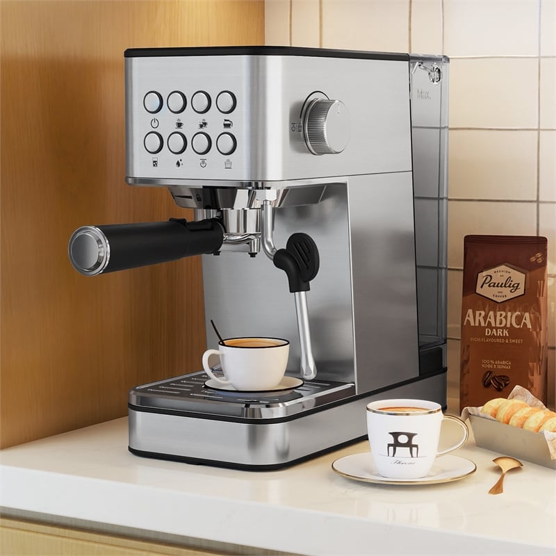 Espresso Machine 20 Bar woth Milk Frother Removable Water Tank & Hot Water Silver Plastic