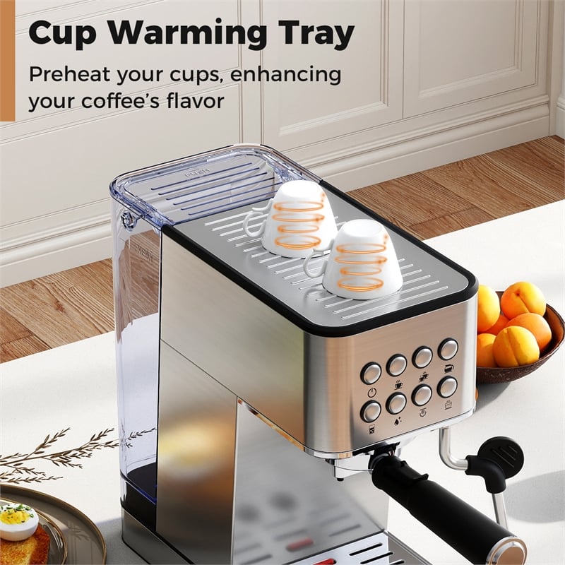 Espresso Machine 20 Bar woth Milk Frother Removable Water Tank & Hot Water Silver Plastic