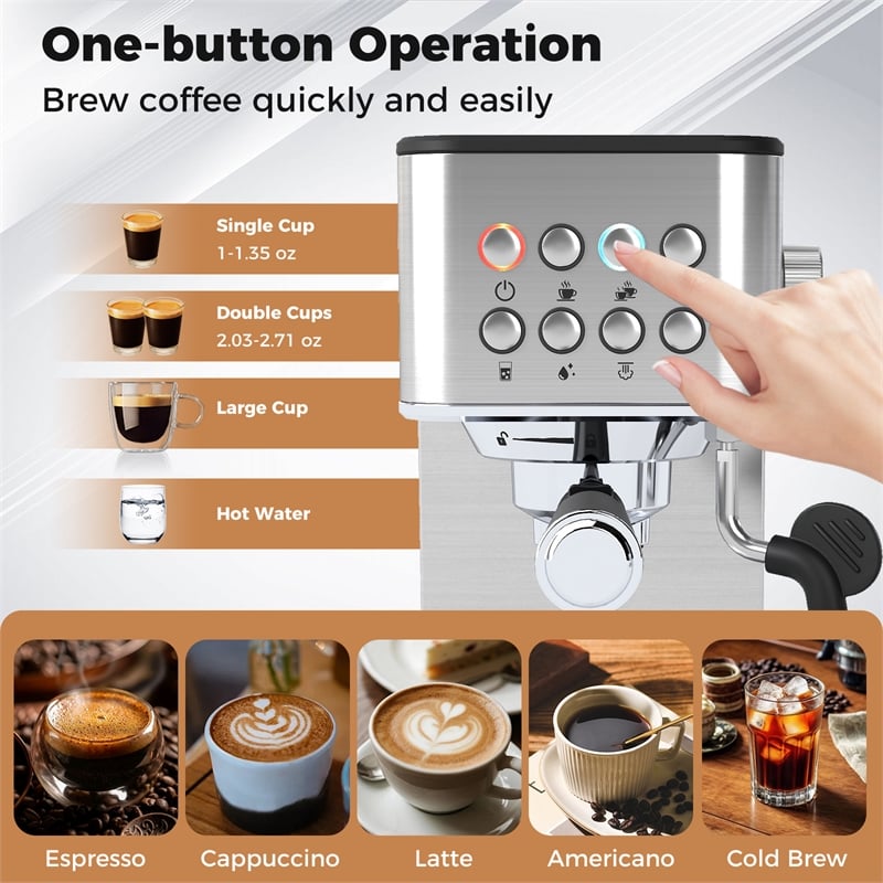Espresso Machine 20 Bar woth Milk Frother Removable Water Tank & Hot Water Silver Plastic