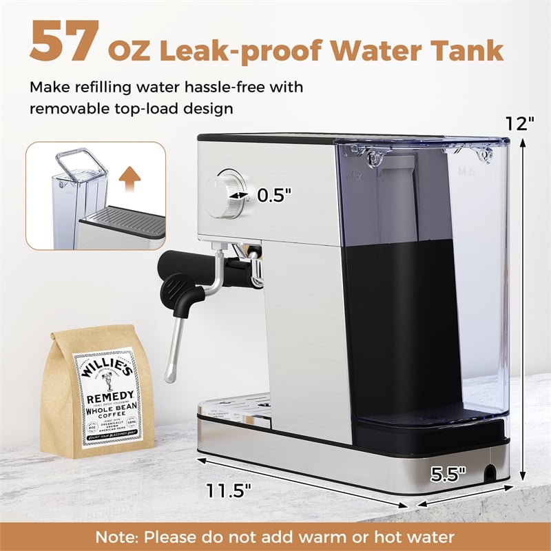 Espresso Machine 20 Bar woth Milk Frother Removable Water Tank & Hot Water Silver Plastic