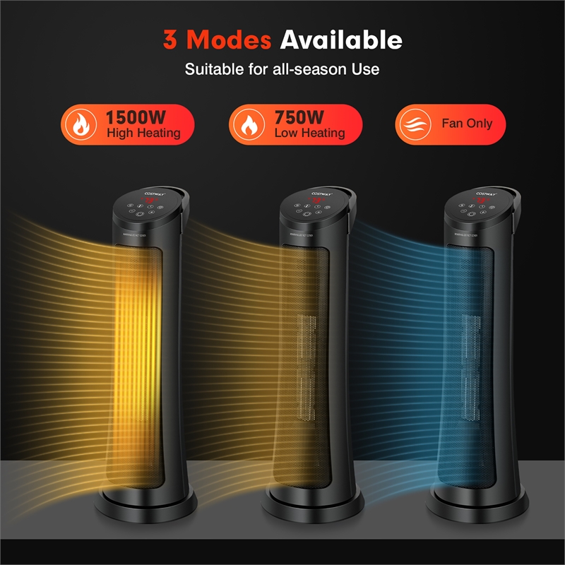1500W Portable Electric PTC Heater Swing Space Heater w/ 24H Timer &Thermostat Black Metal