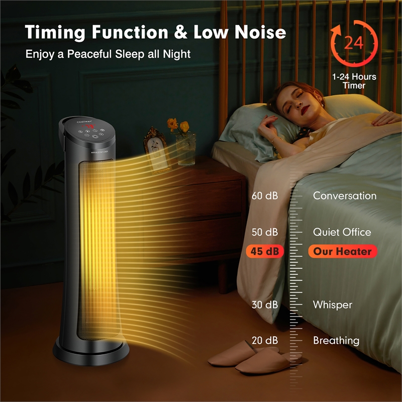 1500W Portable Electric PTC Heater Swing Space Heater w/ 24H Timer &Thermostat Black Metal