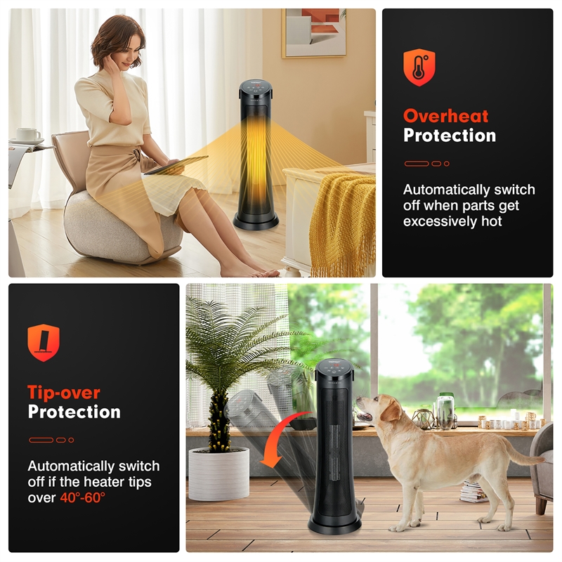 1500W Portable Electric PTC Heater Swing Space Heater w/ 24H Timer &Thermostat Black Metal