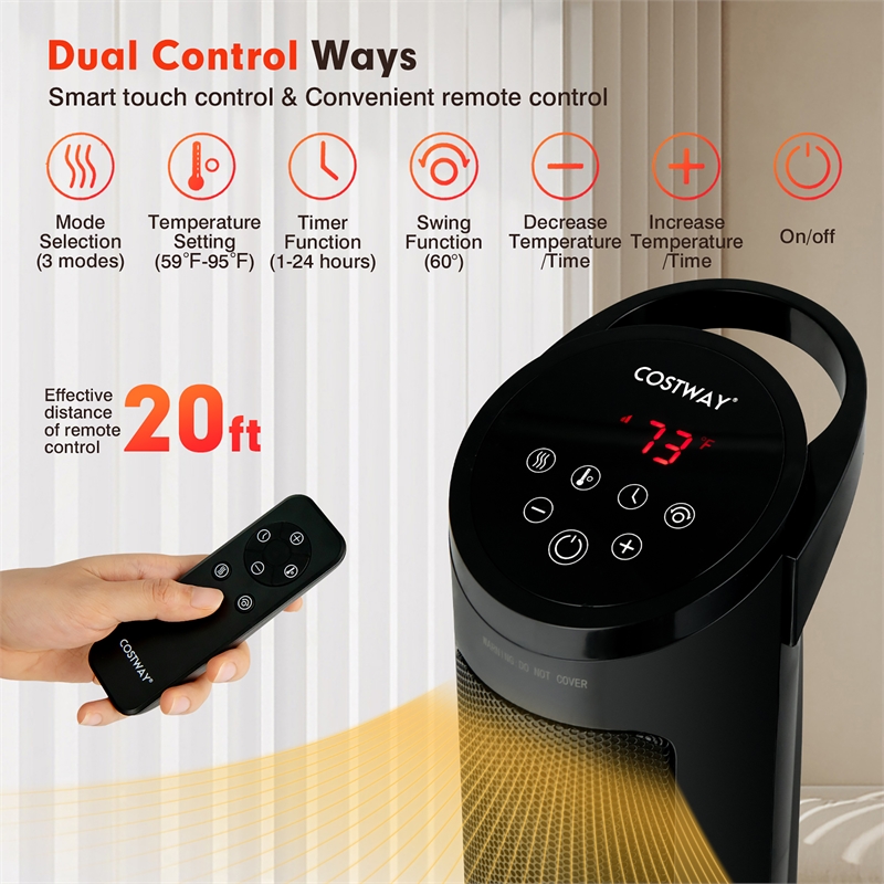 1500W Portable Electric PTC Heater Swing Space Heater w/ 24H Timer &Thermostat Black Metal
