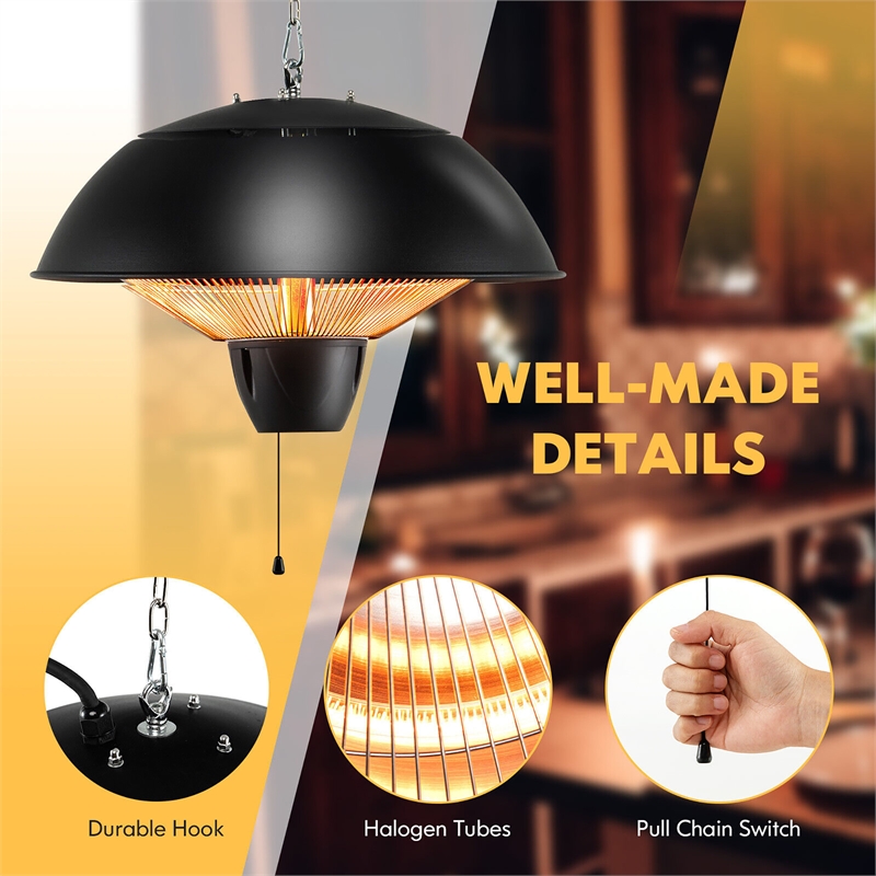 1500W Electric Outdoor Hanging Patio Heater w/ IPX4 Waterproof