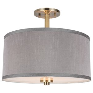 Woodbridge Lighting Drum 3-Light Fabric & Steel Semi-Flush in Brass/Gray