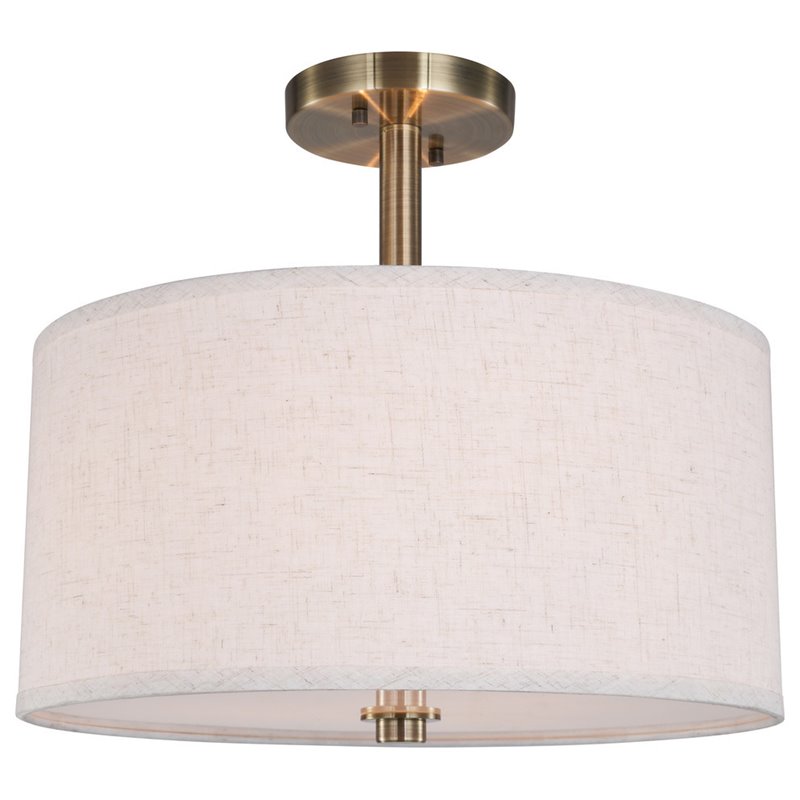 Woodbridge Lighting Drum 3-Light Fabric & Steel Semi-Flush in Brass/White