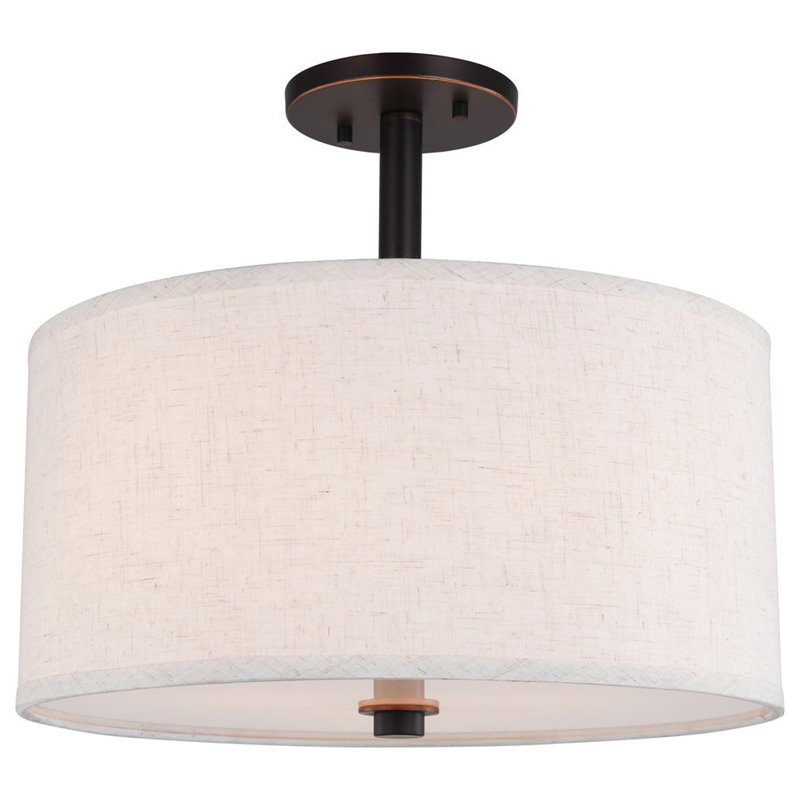 Woodbridge Lighting Drum 3-Light Fabric & Steel Semi-Flush in Bronze/White