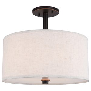 Woodbridge Lighting Drum 3-Light Fabric & Steel Semi-Flush in Bronze/White