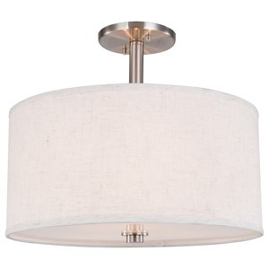 Woodbridge Lighting Drum 3-Light Fabric & Steel Semi-Flush in Satin Nickel/White