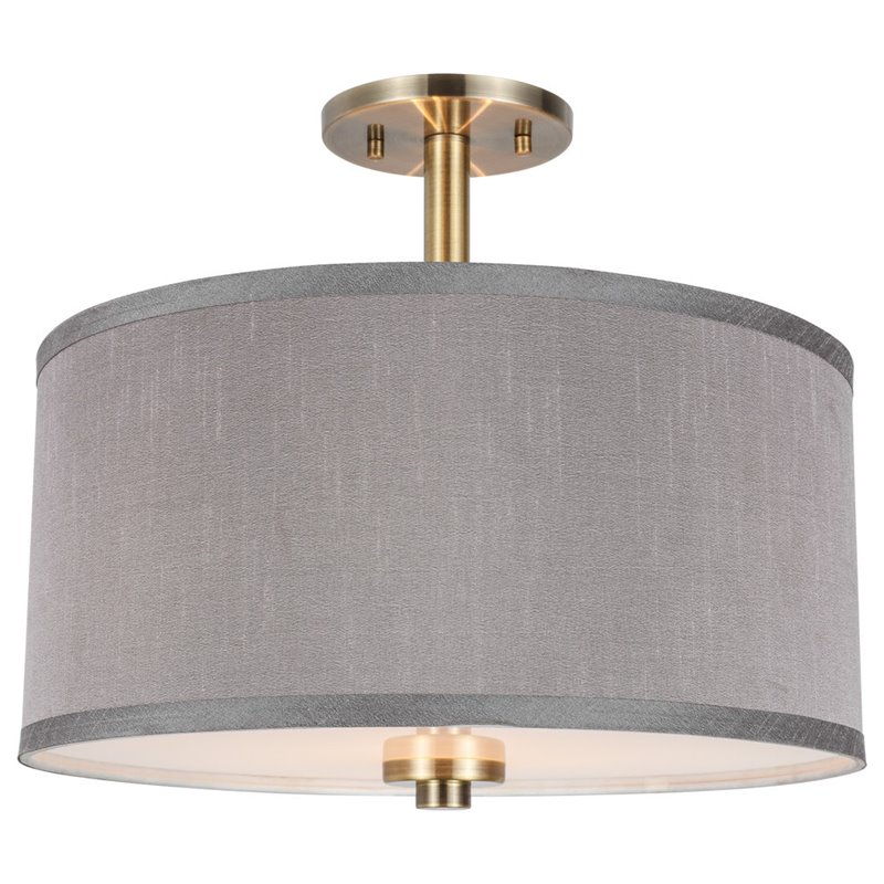 Woodbridge Lighting Drum 3-Light Fabric LED Semi-Flush Mount in Brass/Gray