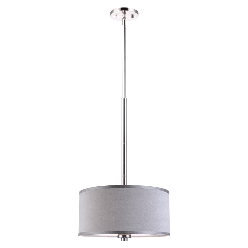 Woodbridge Lighting Drum 3-Light Fabric Pendant in Satin Nickel/Gray