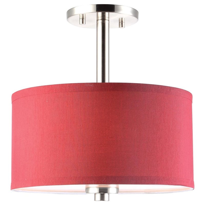 Woodbridge Lighting Drum 3-Light Fabric Semi-Flush Mount in Satin Nickel/Maroon