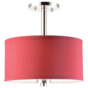 Woodbridge Lighting Drum 3-Light Fabric Semi-Flush Mount in Satin Nickel/Maroon