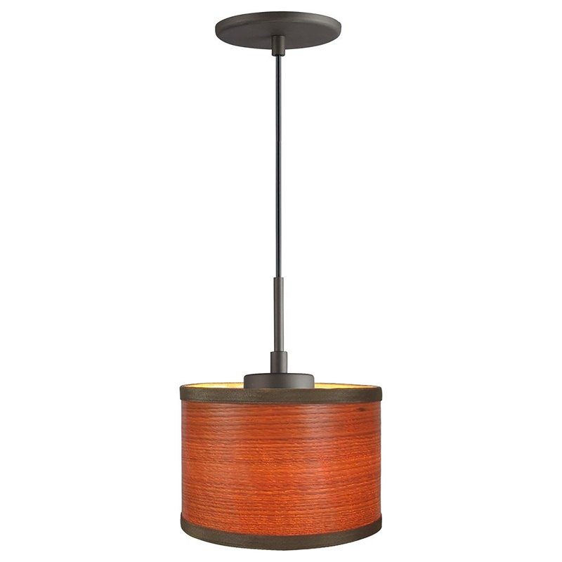 Woodbridge Lighting Drum 1-Light Wood Mini-Pendant in Bronze/Veneer Brulee