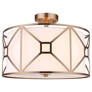 Woodbridge Lighting Regan Medium 3-Light Fabric Semi-Flush Mount in Brass