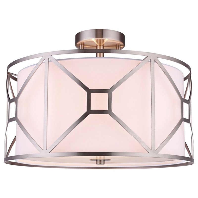 Woodbridge Lighting Regan Medium 3-Light Fabric Semi-Flush Mount in Satin Nickel